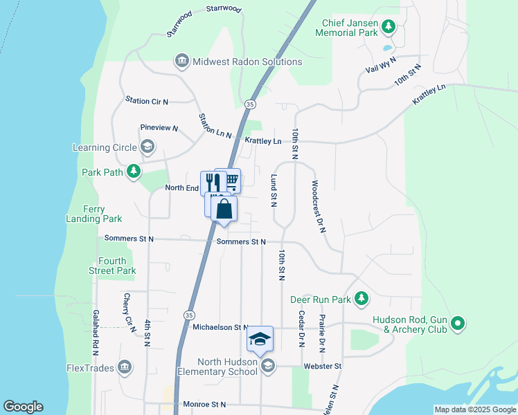 map of restaurants, bars, coffee shops, grocery stores, and more near 710 8th Street North in Hudson