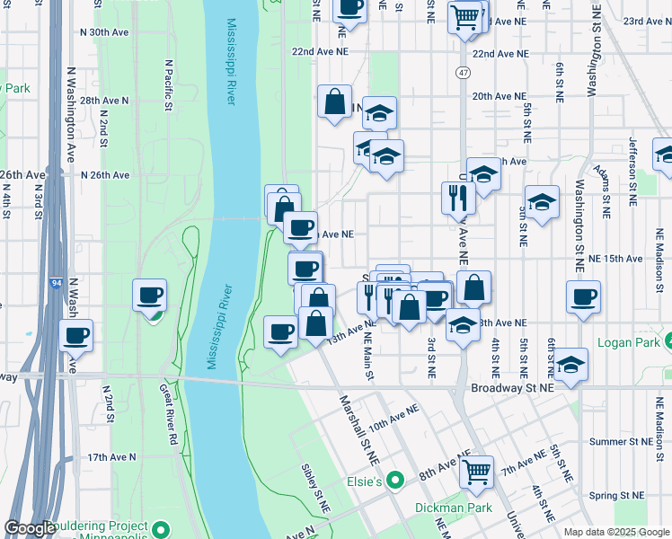 map of restaurants, bars, coffee shops, grocery stores, and more near 1505 California Street Northeast in Minneapolis