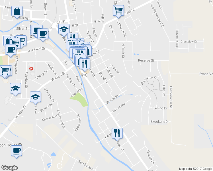 map of restaurants, bars, coffee shops, grocery stores, and more near 508 South 2nd Street in Silverton