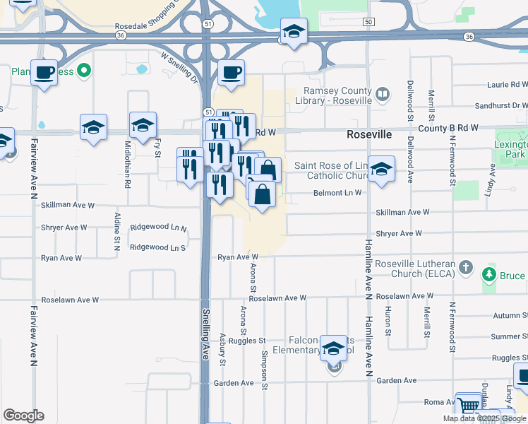 map of restaurants, bars, coffee shops, grocery stores, and more near 2100 North Snelling Drive in Roseville