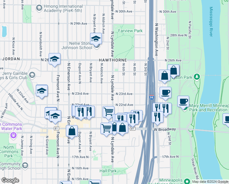 map of restaurants, bars, coffee shops, grocery stores, and more near 626 North 23rd Avenue in Minneapolis