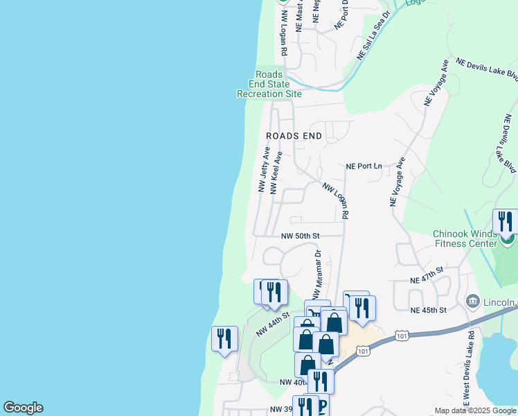 map of restaurants, bars, coffee shops, grocery stores, and more near 5208 Northwest Jetty Avenue in Lincoln City