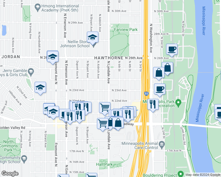 map of restaurants, bars, coffee shops, grocery stores, and more near in Minneapolis