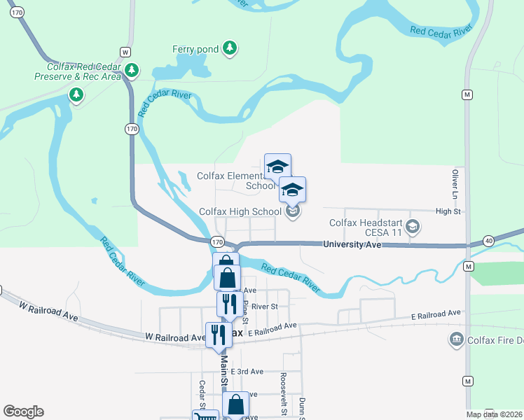 map of restaurants, bars, coffee shops, grocery stores, and more near 505 High Street in Colfax