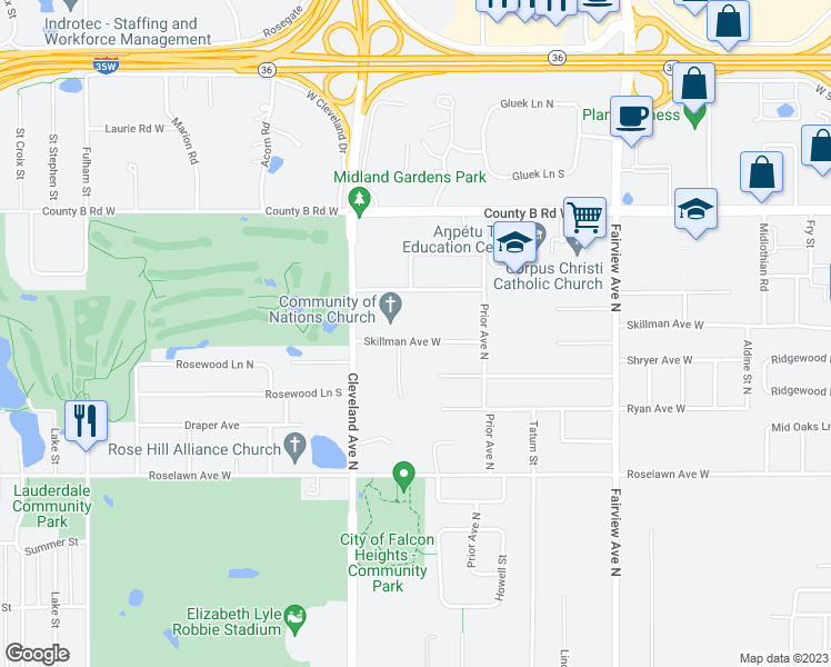 map of restaurants, bars, coffee shops, grocery stores, and more near 2003 Skillman Avenue West in Roseville