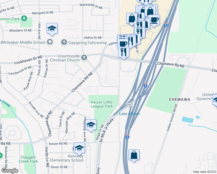 map of restaurants, bars, coffee shops, grocery stores, and more near 5470 McLeod Lane Northeast in Keizer
