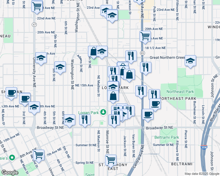 map of restaurants, bars, coffee shops, grocery stores, and more near 1431 Monroe Street Northeast in Minneapolis