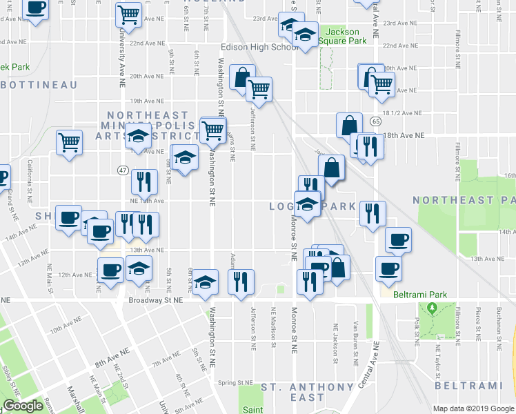 map of restaurants, bars, coffee shops, grocery stores, and more near 1431 Jefferson Street Northeast in Minneapolis