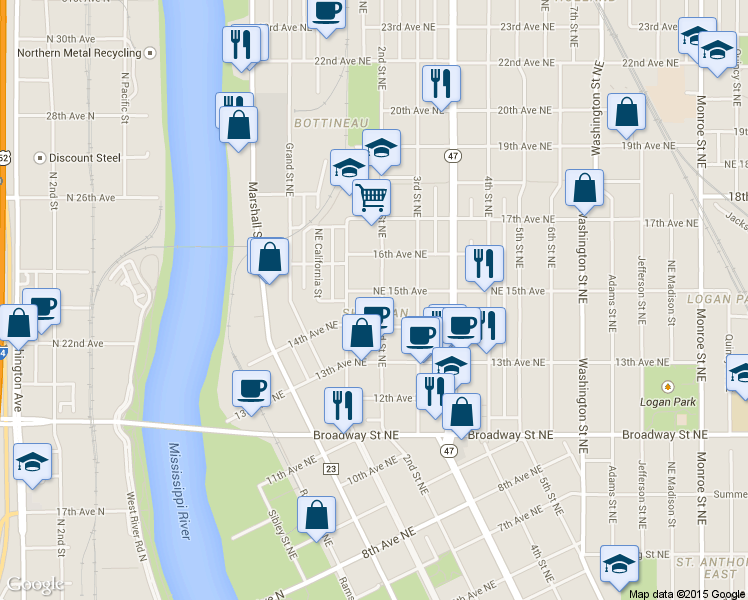 map of restaurants, bars, coffee shops, grocery stores, and more near in Minneapolis