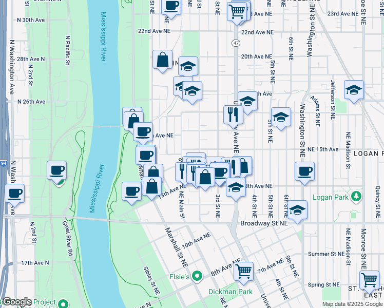 map of restaurants, bars, coffee shops, grocery stores, and more near in Minneapolis