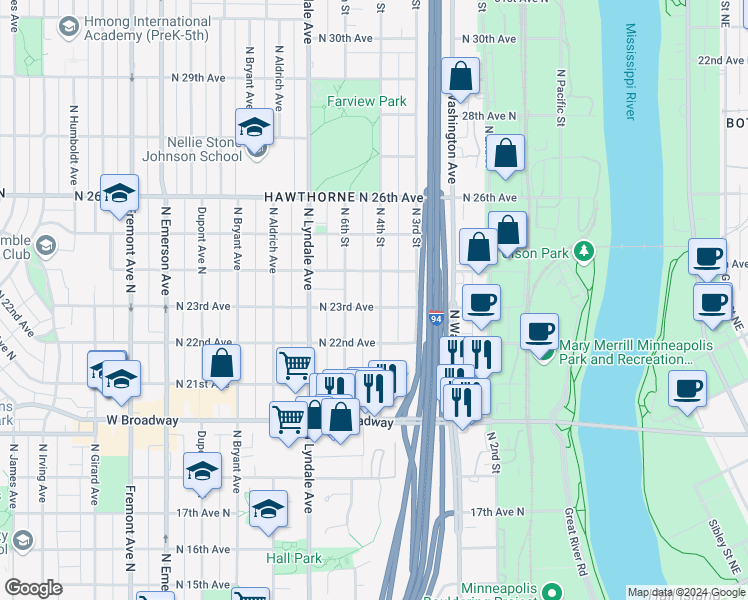 map of restaurants, bars, coffee shops, grocery stores, and more near 2311 North 4th Street in Minneapolis