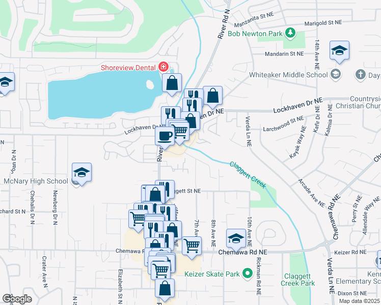 map of restaurants, bars, coffee shops, grocery stores, and more near 683 Faymar Drive Northeast in Keizer