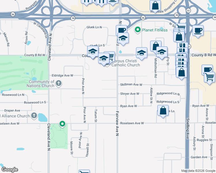 map of restaurants, bars, coffee shops, grocery stores, and more near 1853 Skillman Avenue West in Roseville