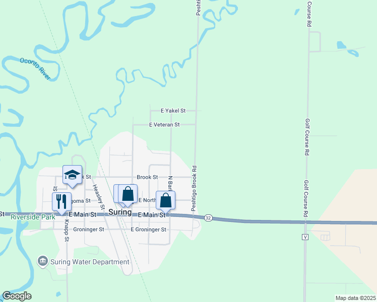 map of restaurants, bars, coffee shops, grocery stores, and more near 423 Peshtigo Brook Road in Suring