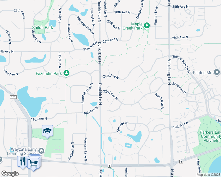 map of restaurants, bars, coffee shops, grocery stores, and more near 2225 Comstock Lane North in Plymouth