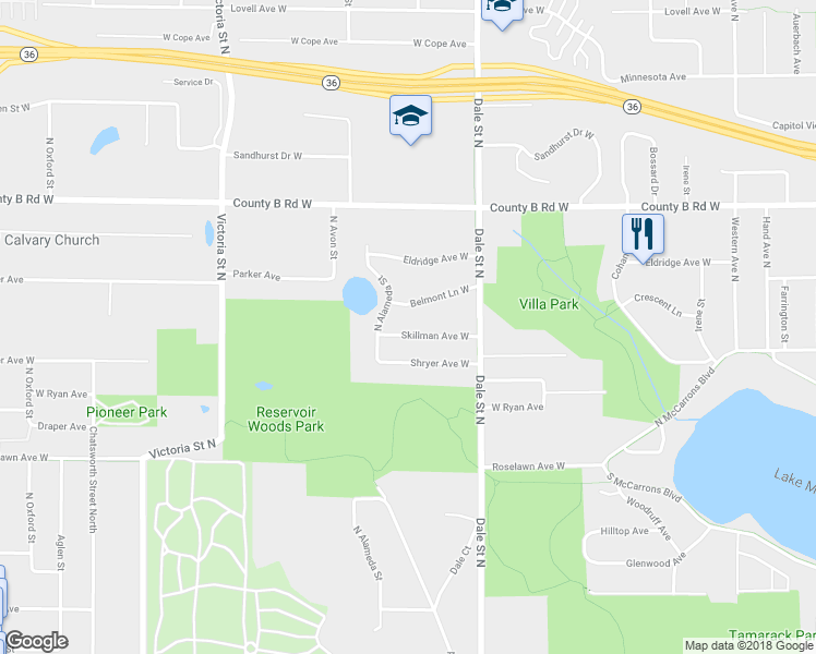 map of restaurants, bars, coffee shops, grocery stores, and more near 687 Skillman Avenue West in Roseville