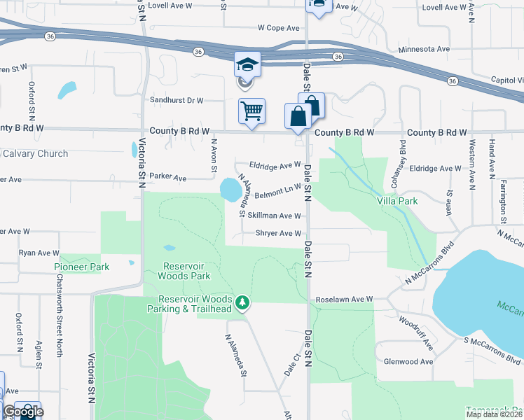 map of restaurants, bars, coffee shops, grocery stores, and more near 687 Skillman Avenue West in Roseville