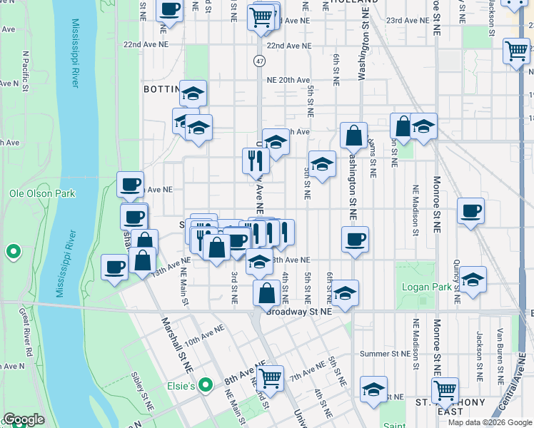map of restaurants, bars, coffee shops, grocery stores, and more near 340 Northeast 15th Avenue in Minneapolis