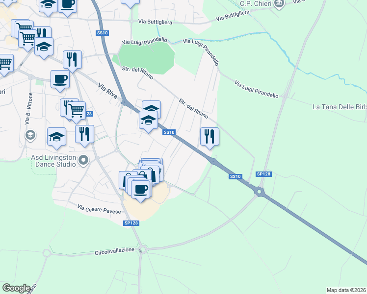 map of restaurants, bars, coffee shops, grocery stores, and more near 50 Via Padana Inferiore in Chieri