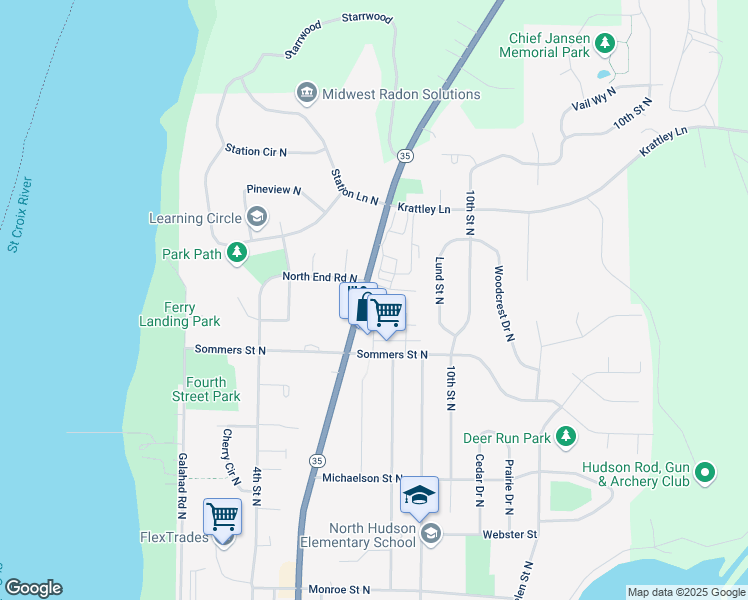 map of restaurants, bars, coffee shops, grocery stores, and more near 722 6th Street North in Hudson