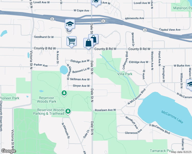 map of restaurants, bars, coffee shops, grocery stores, and more near 2056 Dale Street North in Roseville