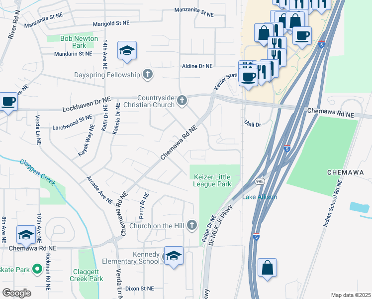 map of restaurants, bars, coffee shops, grocery stores, and more near 1989 Longest Avenue Northeast in Keizer