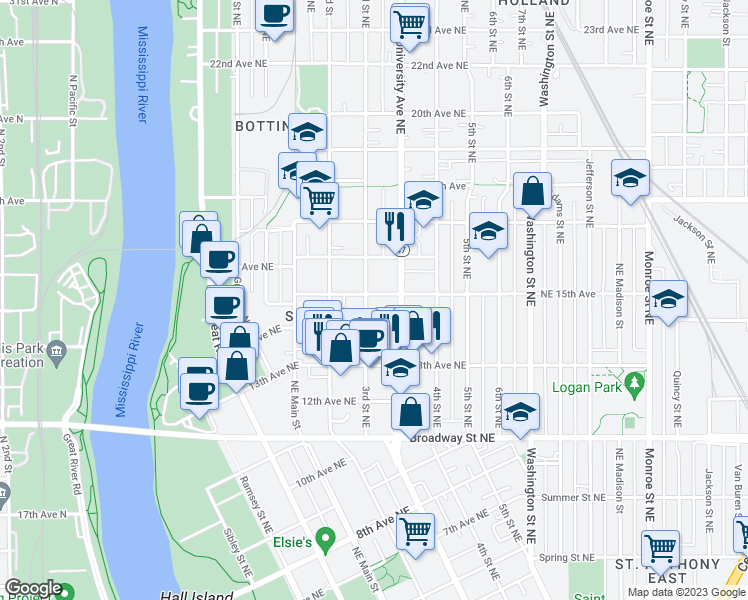 map of restaurants, bars, coffee shops, grocery stores, and more near 300 Northeast 15th Avenue in Minneapolis