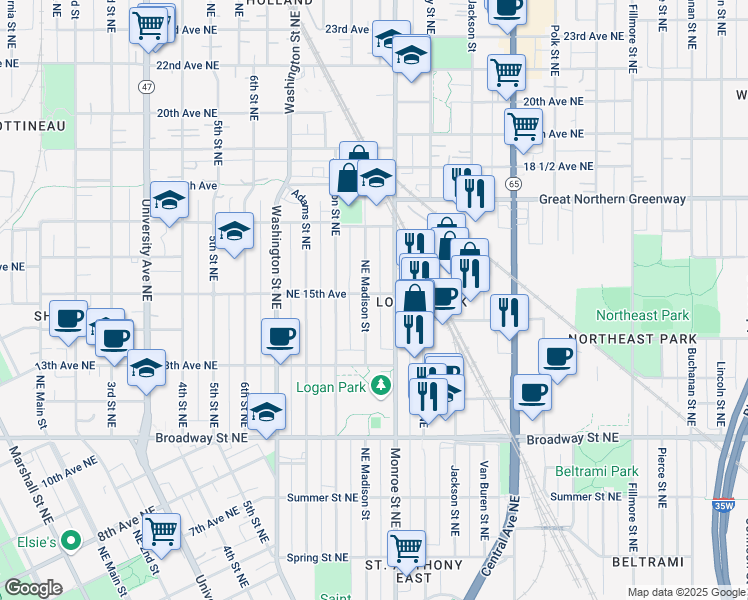 map of restaurants, bars, coffee shops, grocery stores, and more near 1429 Northeast Madison Street in Minneapolis