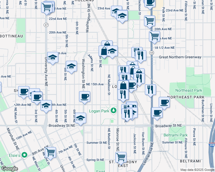 map of restaurants, bars, coffee shops, grocery stores, and more near 1429 Northeast Madison Street in Minneapolis