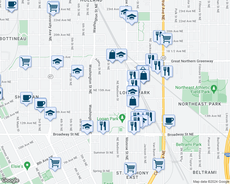 map of restaurants, bars, coffee shops, grocery stores, and more near 1429 Northeast Madison Street in Minneapolis