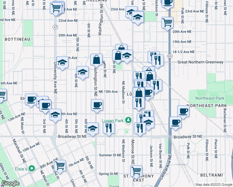 map of restaurants, bars, coffee shops, grocery stores, and more near 1431 Jefferson Street Northeast in Minneapolis
