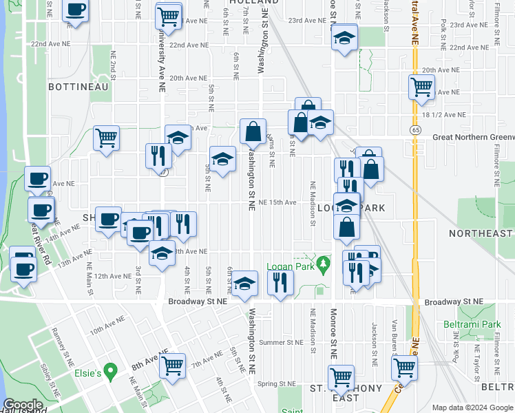 map of restaurants, bars, coffee shops, grocery stores, and more near 636 Northeast 15th Avenue in Minneapolis
