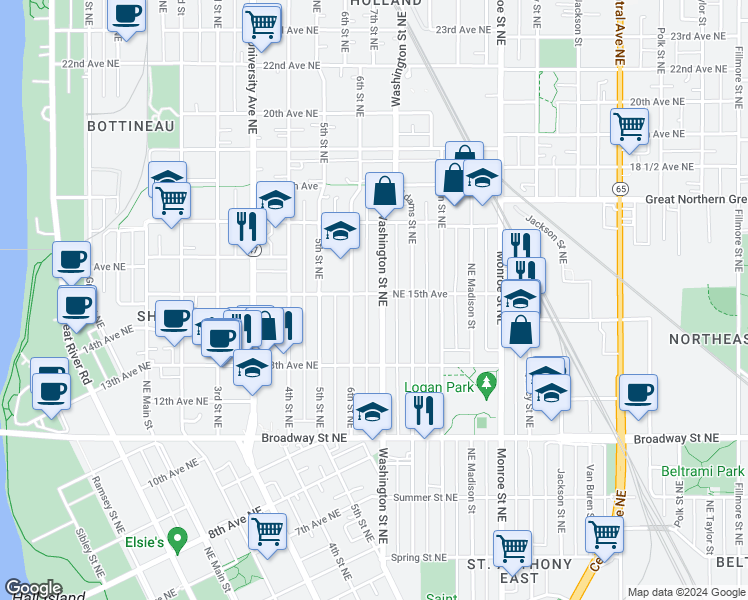 map of restaurants, bars, coffee shops, grocery stores, and more near 1432 Washington Street Northeast in Minneapolis
