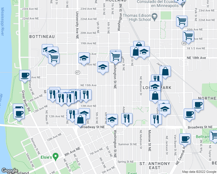 map of restaurants, bars, coffee shops, grocery stores, and more near 1432 Washington Street Northeast in Minneapolis