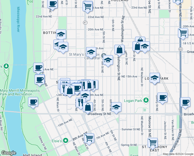 map of restaurants, bars, coffee shops, grocery stores, and more near 1435 Northeast 15th Avenue in Minneapolis