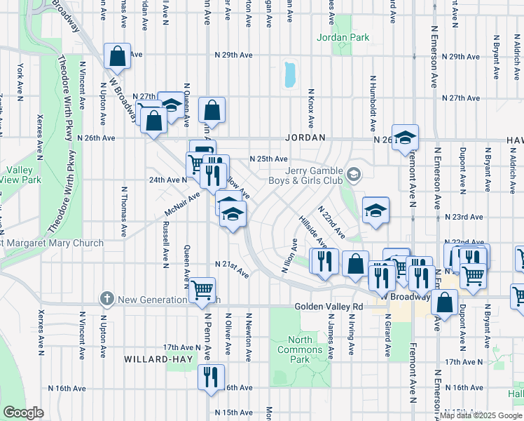 map of restaurants, bars, coffee shops, grocery stores, and more near 2324 North Logan Avenue in Minneapolis