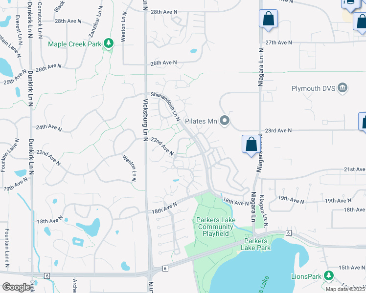 map of restaurants, bars, coffee shops, grocery stores, and more near 2205 Shenandoah Lane North in Plymouth