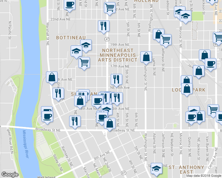 map of restaurants, bars, coffee shops, grocery stores, and more near 340 Northeast 15th Avenue in Minneapolis