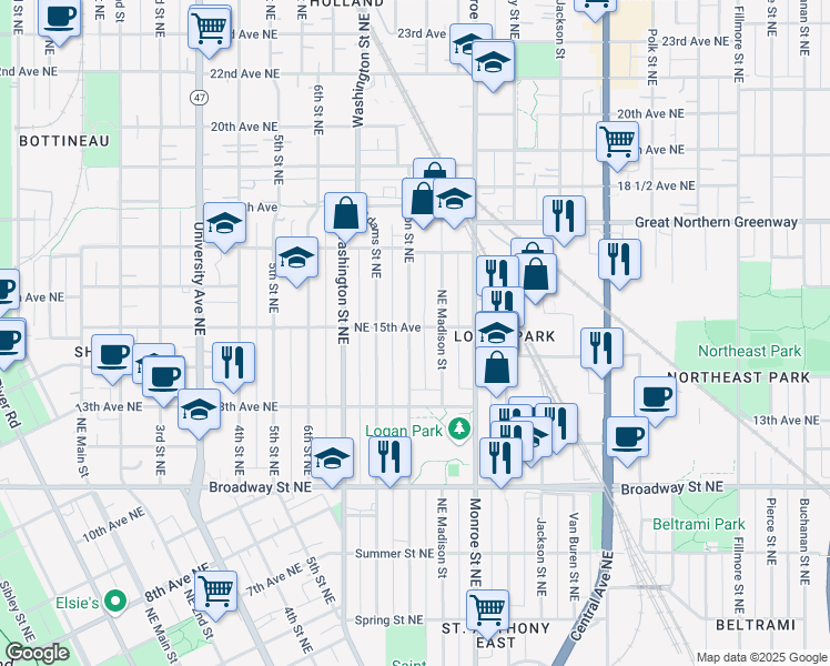 map of restaurants, bars, coffee shops, grocery stores, and more near 1431 Jefferson Street Northeast in Minneapolis