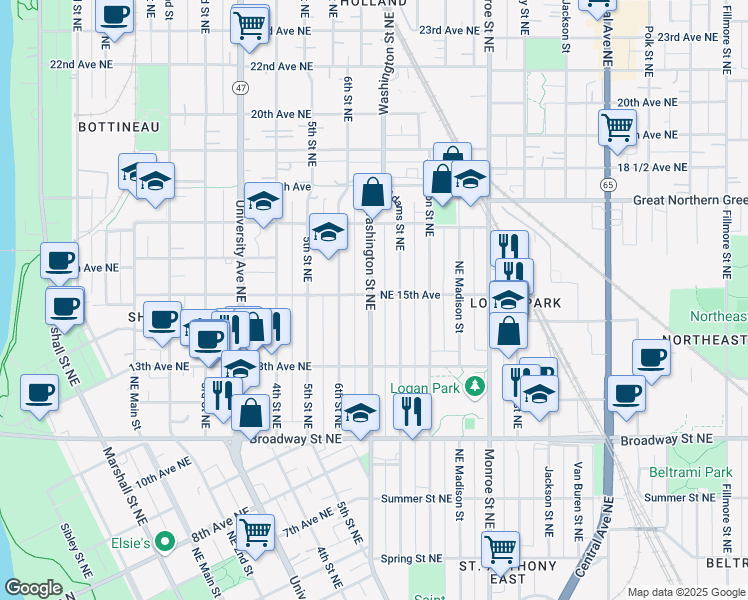 map of restaurants, bars, coffee shops, grocery stores, and more near 1435 Washington Street Northeast in Minneapolis
