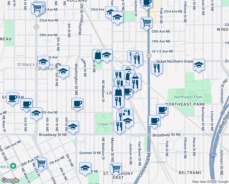 map of restaurants, bars, coffee shops, grocery stores, and more near 1431 Monroe Street Northeast in Minneapolis