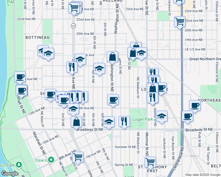 map of restaurants, bars, coffee shops, grocery stores, and more near 1432 Washington Street Northeast in Minneapolis