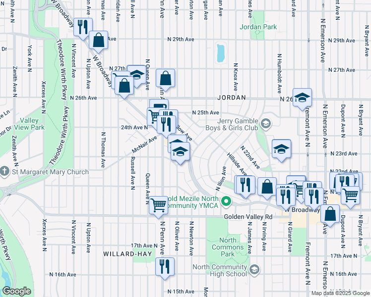 map of restaurants, bars, coffee shops, grocery stores, and more near 2046 West Broadway Avenue in Minneapolis