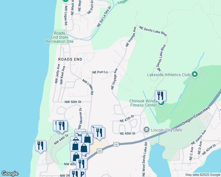 map of restaurants, bars, coffee shops, grocery stores, and more near 5175 Northeast Voyage Avenue in Lincoln City
