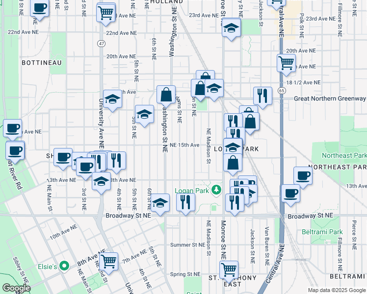 map of restaurants, bars, coffee shops, grocery stores, and more near 1435 Adams Street Northeast in Minneapolis