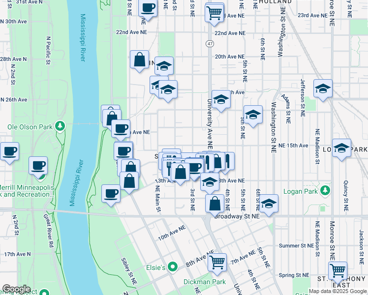 map of restaurants, bars, coffee shops, grocery stores, and more near 247 Northeast 15th Avenue in Minneapolis
