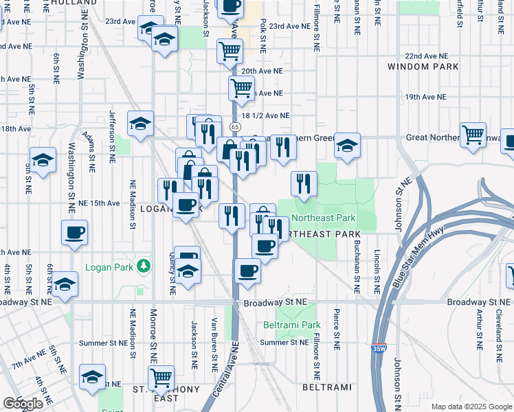 map of restaurants, bars, coffee shops, grocery stores, and more near 1503 Central Avenue Northeast in Minneapolis