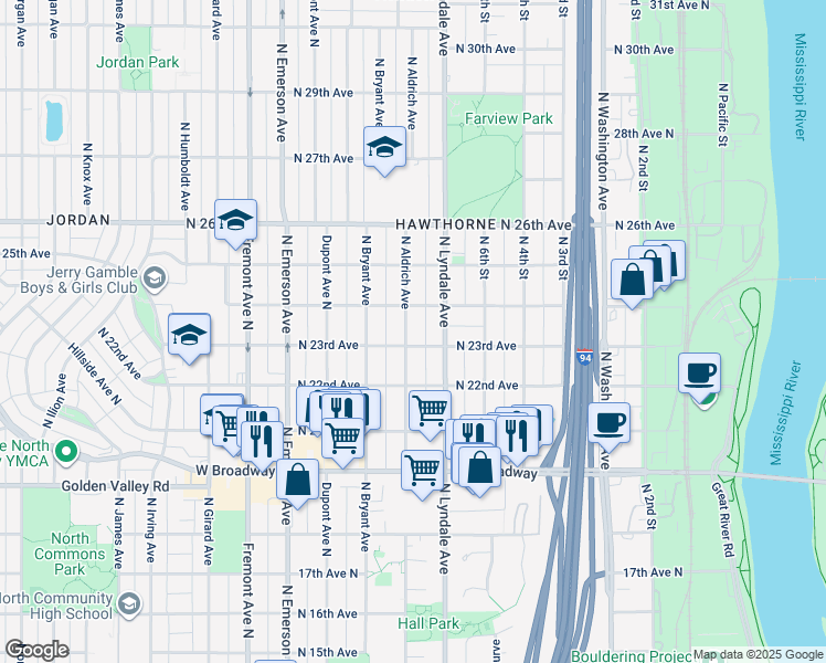 map of restaurants, bars, coffee shops, grocery stores, and more near 2308 North Aldrich Avenue in Minneapolis