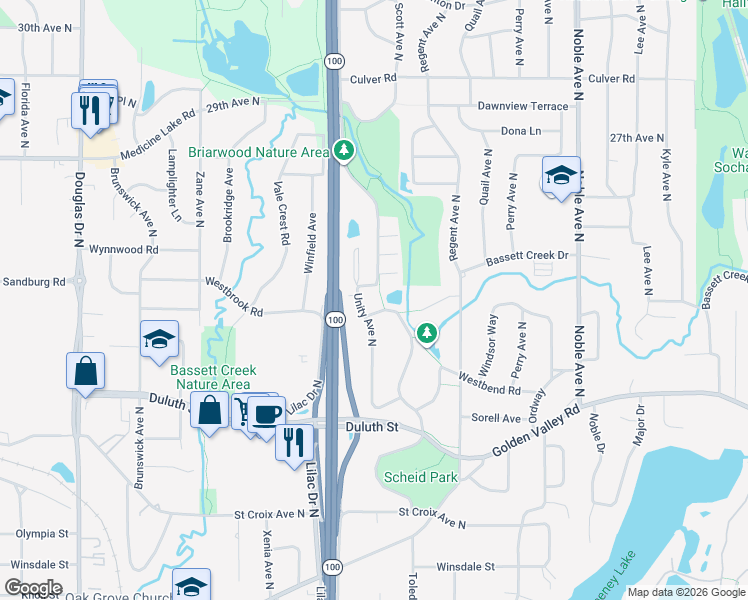 map of restaurants, bars, coffee shops, grocery stores, and more near 2300 Unity Avenue North in Minneapolis