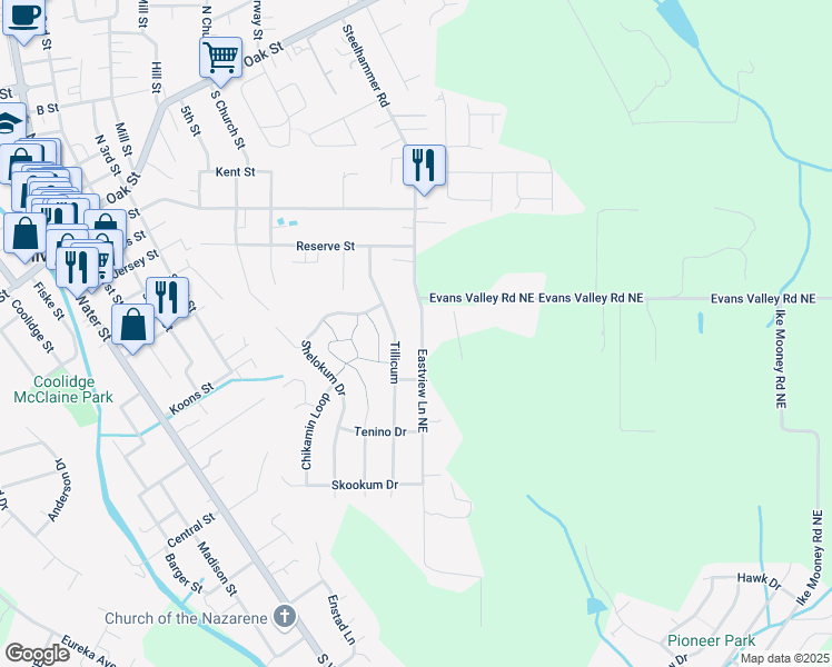 map of restaurants, bars, coffee shops, grocery stores, and more near 339 Eastview Ln NE in Silverton